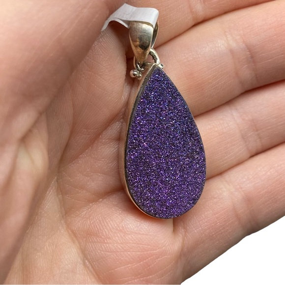 Purple Titanium Druzy Necklace Pendant 925 Solid Sterling Silver - Picture 2 of 6